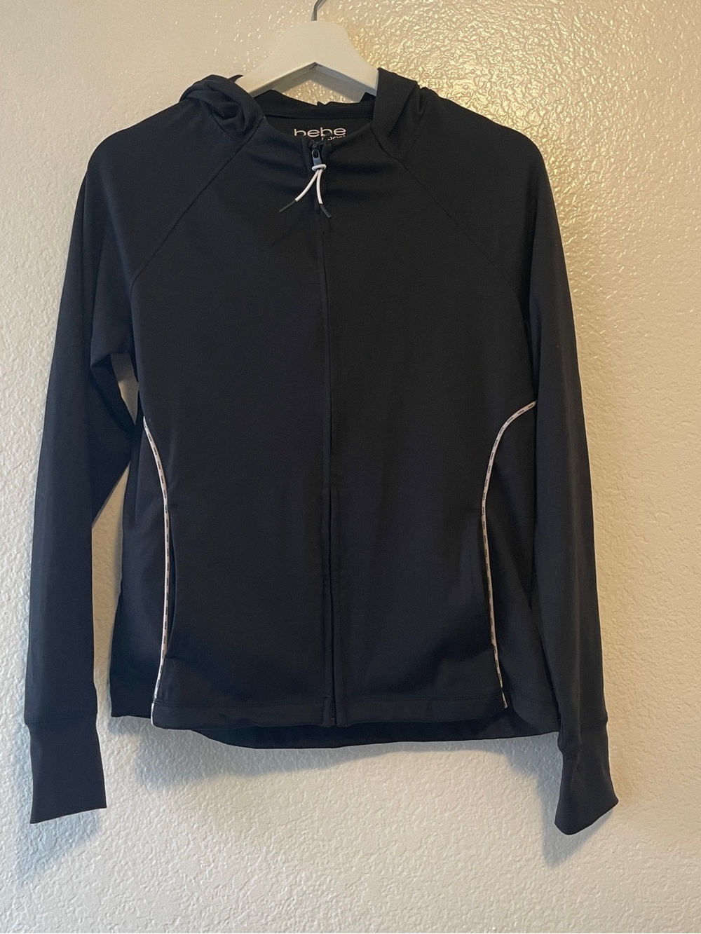 bebe Black Full-Zip Hooded Active Jacket with Contrast Piping, Small